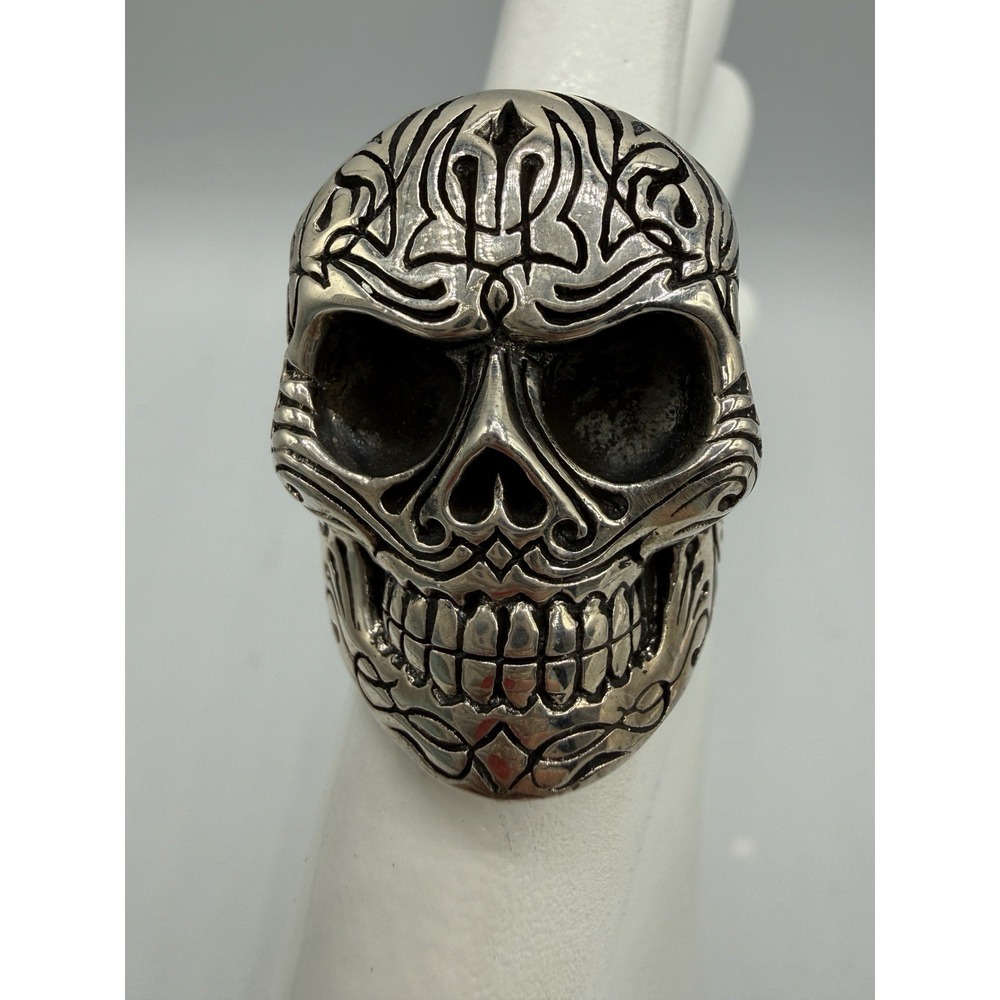 HEAVY PINSTRIPE Ornate KING BABY SKULL Sterling Silver 56  Gram Size 11 Ring HSN